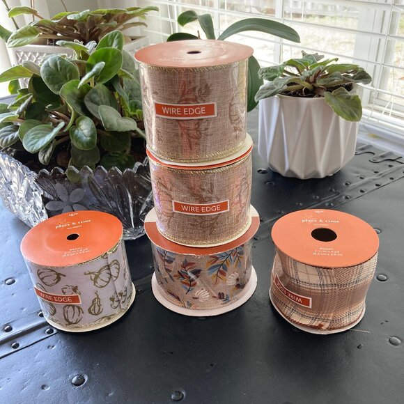 Five Packages of Fall Wire Edge Wide Craft Ribbon by Place & Time Harvest - Picture 1 of 14